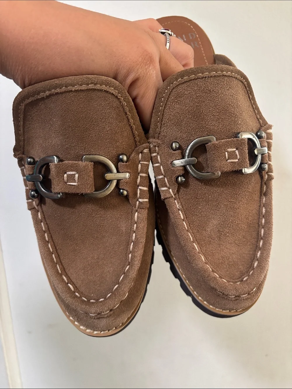 Donald J. Pliner Brown Suede Slip-On Loafers with Metal Bit